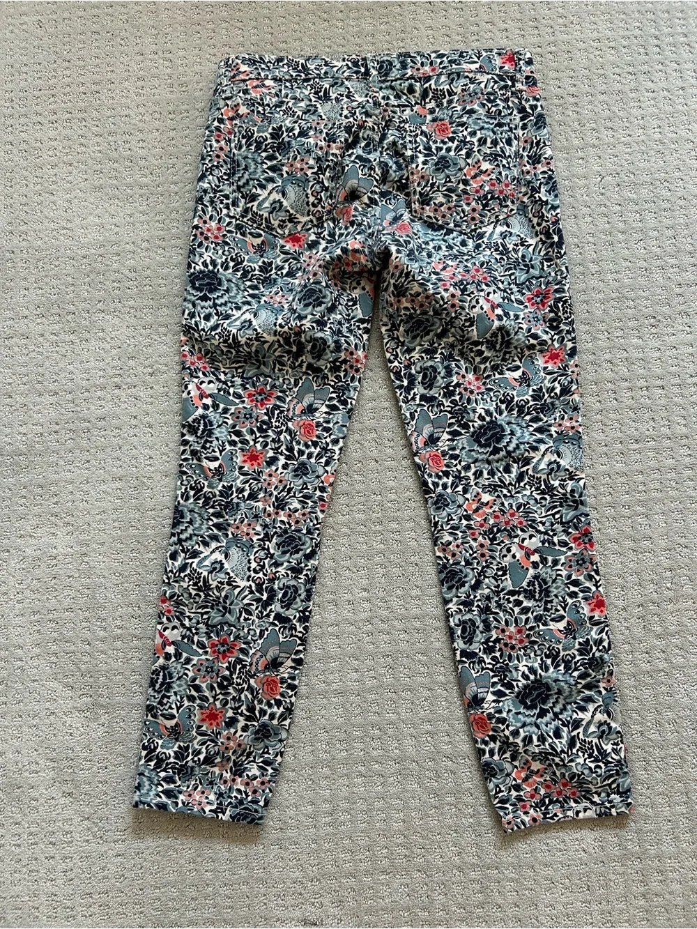 Tory Burch Floral Ankle Skinny Jeans - Navy, Coral & Cream